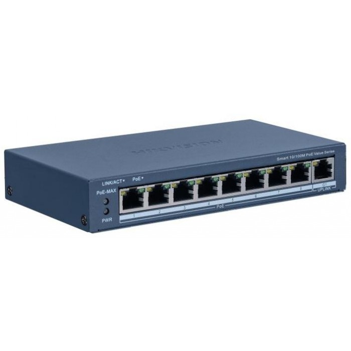 DS-3E1309P-EI/M 9/8 PoE switch, 8x PoE 10/100Mbps, 1x up 1Gbps, manag., max 65W